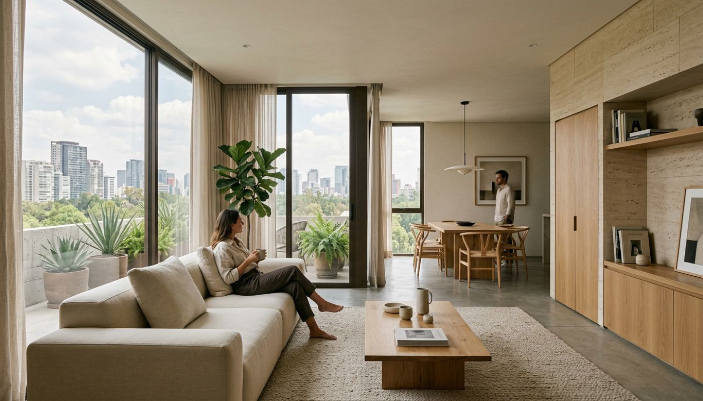 Annehmen der ruhigen Luxusvision wie diese Wohnung in Mexiko-Stadt
